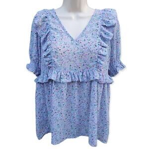 GiGio Women's Tunic, Size Small, Blue Floral Print with Ruffles, Elastic Sleeves